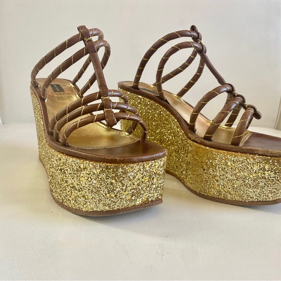 Marc Jacobs Brown Leather Gold glitter Sleep On Platform Sandals 6.5 - Picture 5 of 7